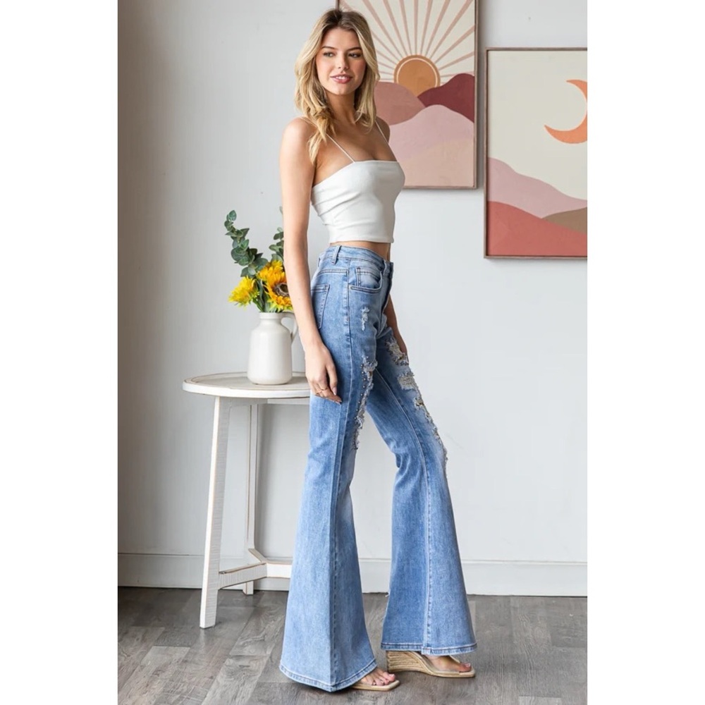 Oli & Hali Leopard Patch Stud Detail Distressed Stretchy Flares - Picture 4 of 8